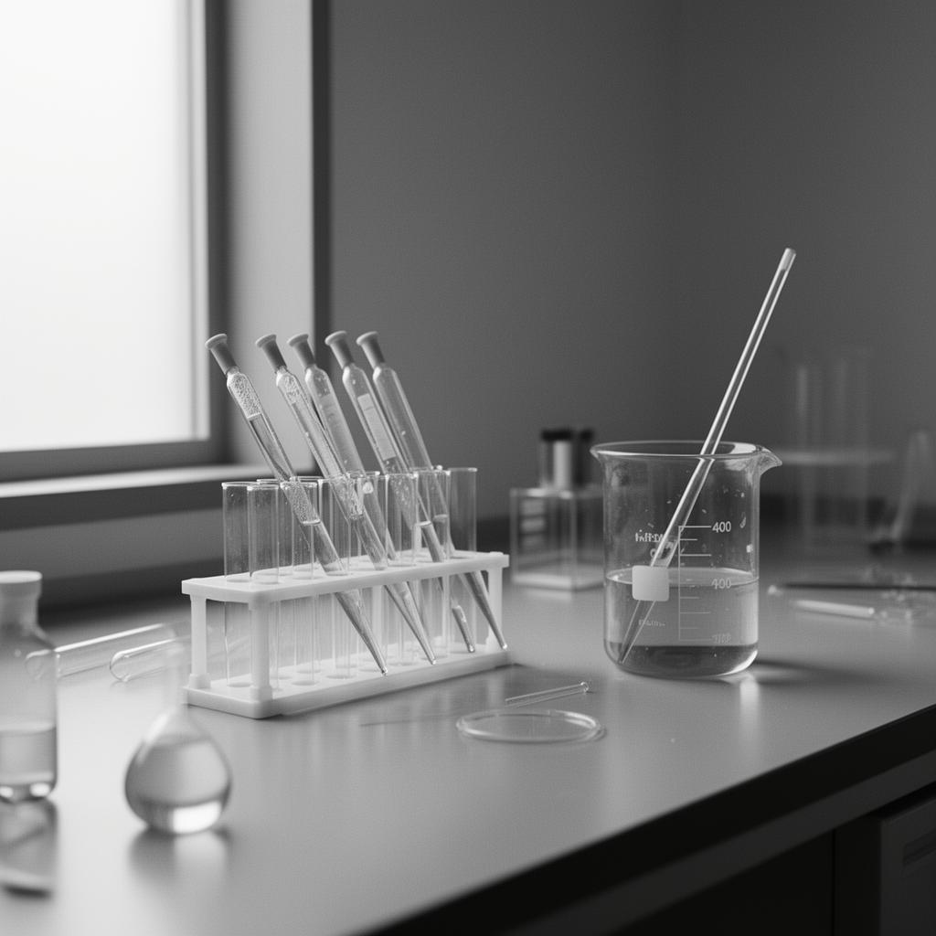 Japanese formulation laboratory — pipettes and measured glassware in calm natural light